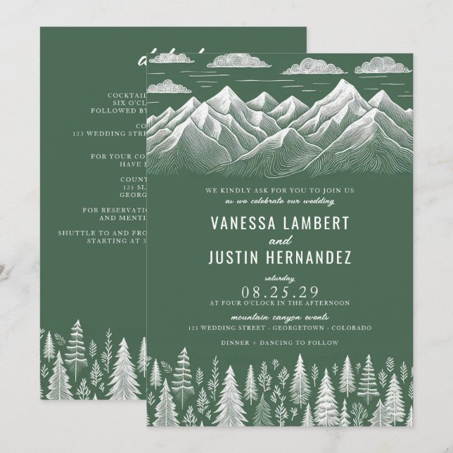 Green Mountain Wedding Invitation with Details (Front/Back)