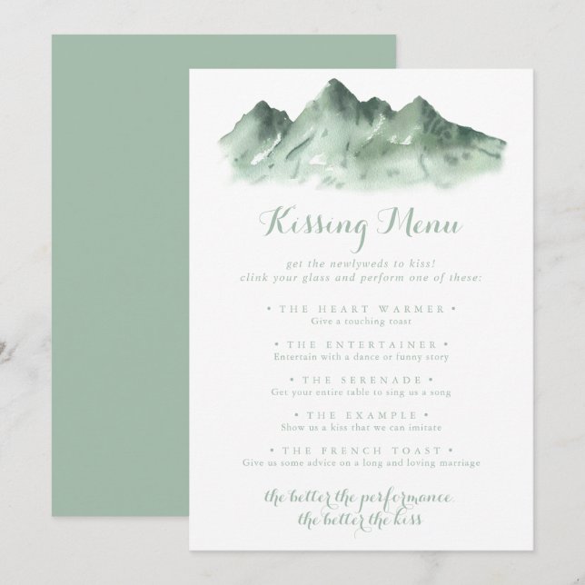 Green Mountain Wedding Kissing Menu Game Card (Front/Back)