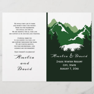 Green mountains and conifes folded wedding program