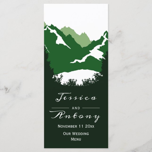 Green mountains, conifer trees wedding menu card (Front)