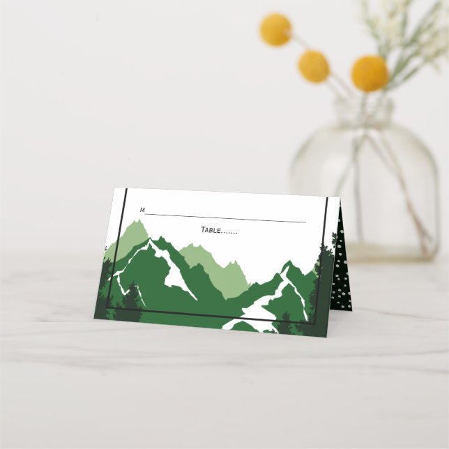Green mountains winter wedding folded escort place card (Front)