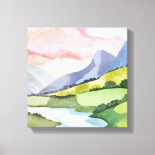 Green Mountainside Sunrise   Watercolor Canvas Print