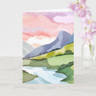 Green Mountainside Sunrise Watercolor Card