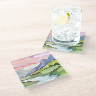 Green Mountainside Sunrise Watercolor Glass Coaster