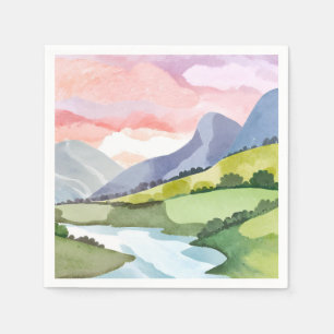 Green Mountainside Sunrise Watercolor Painting Napkin