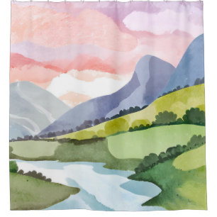 Green Mountainside Sunrise Watercolor Painting Shower Curtain