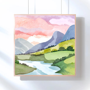 Green Mountainside Sunrise Watercolor Poster