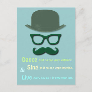 green moustache, glasses and derby hat postcard