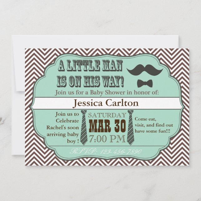 Green Moustache & Ties Baby Shower Invitations (Front)
