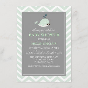 Green Moustache Whale Boy Baby Shower Invitation
