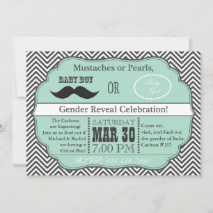Green Moustaches or Pearls Gender Reveal Invites