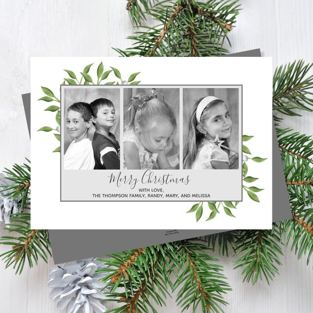 Green Multi Photo Merry Christmas Greenery Holiday Card (Merry Christmas holiday greenery multi photo card with a grey border. )