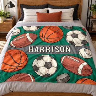 Green Multi Sport Custom Name Monogram Fleece Blanket
