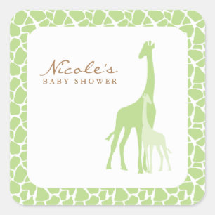 Green Mum and Baby Giraffe Baby Shower Square Sticker