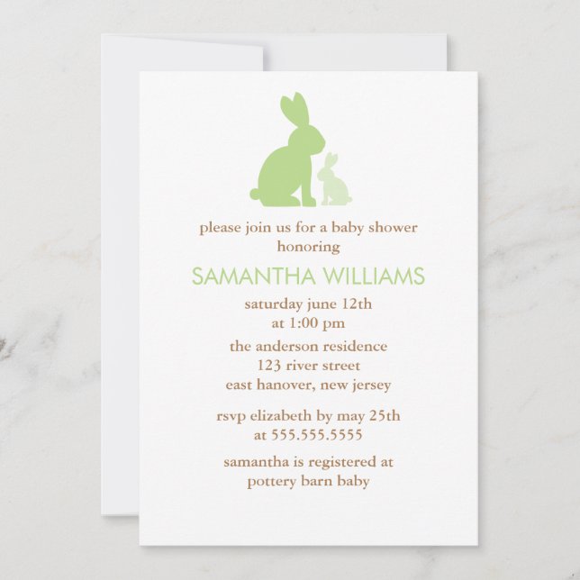 Green Mum and Baby Rabbit Baby Shower Invitation (Front)