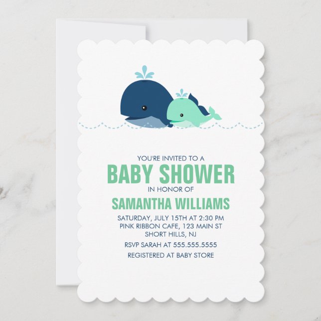 Green Mum and Baby Whale Baby Shower Invitation (Front)