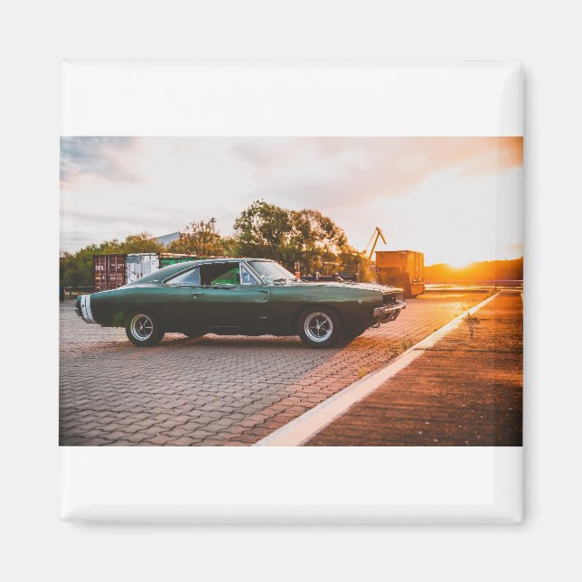Green muscle car at sunset magnet (Front)