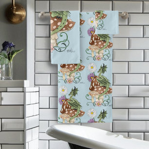 Green Mushroom Dragon Fantasy Flowers Bath Towel Set