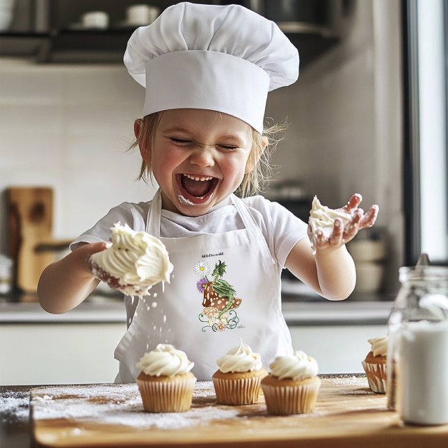 Green Mushroom Dragon Fantasy Flowers Kids Apron (Creator Uploaded)