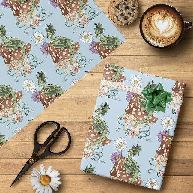 Green Mushroom Dragon Fantasy Flowers Wrapping Paper (Creator Uploaded)