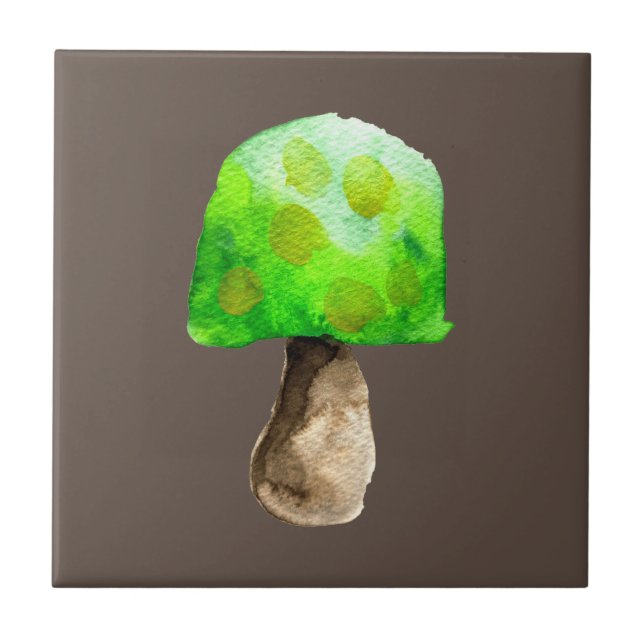 Green Mushroom watercolor cute fungi Tile (Front)
