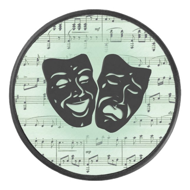 Green Music and Theatre Greek Masks Hockey Puck (Front)