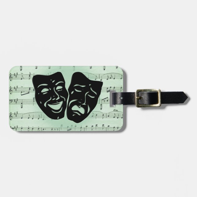 Green Music and Theatre Greek Masks Luggage Tag (Front Horizontal)