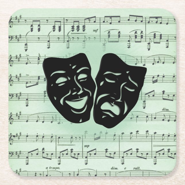 Green Music and Theatre Greek Masks Square Paper Coaster (Front)