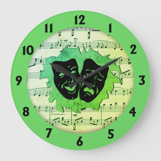 Green Music and Theatre Masks Large Clock (Front)