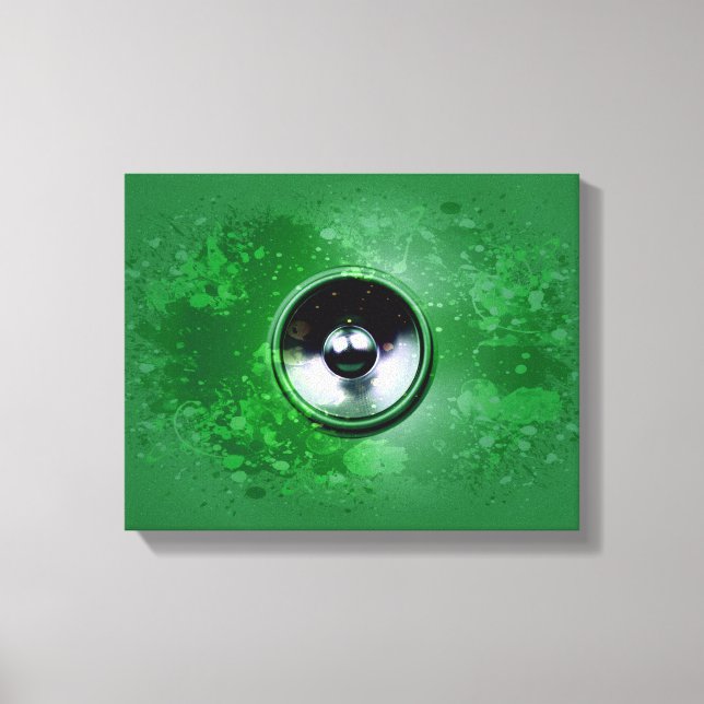 Green music speaker and splattered paint canvas print (Front)