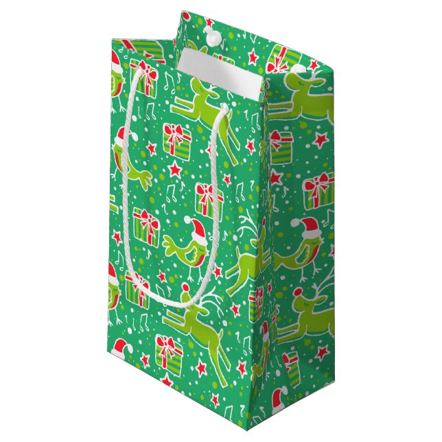 Green musical bird & reindeer Christmas gift bags (Front Angled)