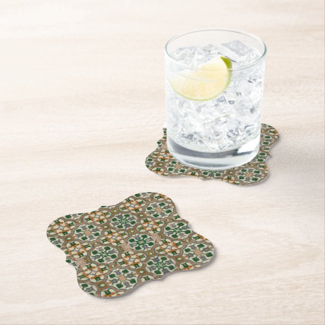 Green mustard floral Azulejos Geometric pattern Paper Coaster (Insitu)