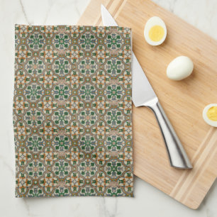 Green mustard floral Azulejos Geometric pattern Tea Towel