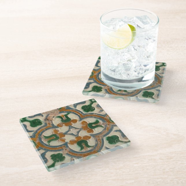Green mustard Spanish floral Geometric Azulejos Glass Coaster (Angled)