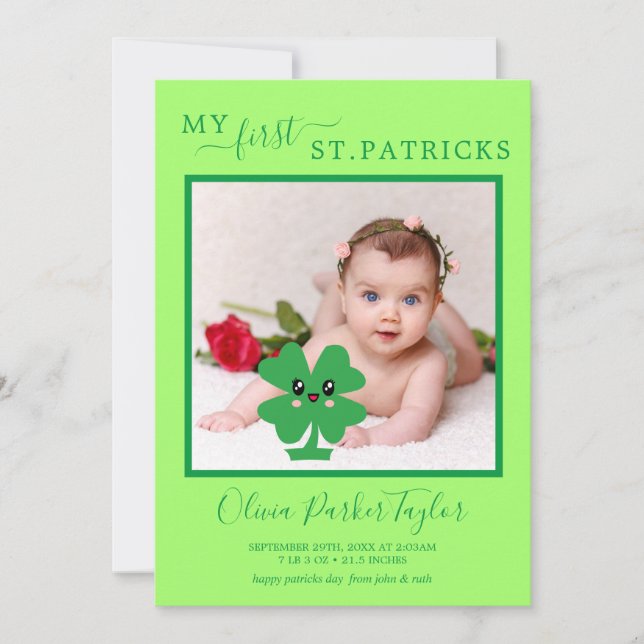 Green My First Patricks Baby Birth Photo Holiday   Card (Front)