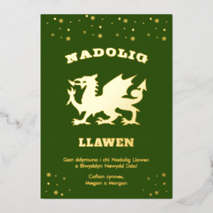 Green Nadolig Llawen Welsh Themed Merry Christmas Foil Holiday Card