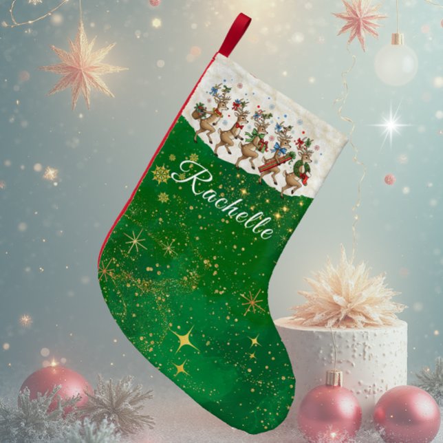 Green Name Marching Quirky Christmas Reindeer  Small Christmas Stocking (Creator Uploaded)