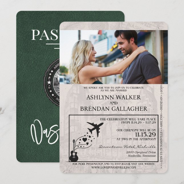 Green Nashville Passport Wedding Invitation (Front/Back)