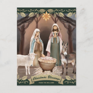 Green Nativity Scene Christian Christmas Holiday Postcard