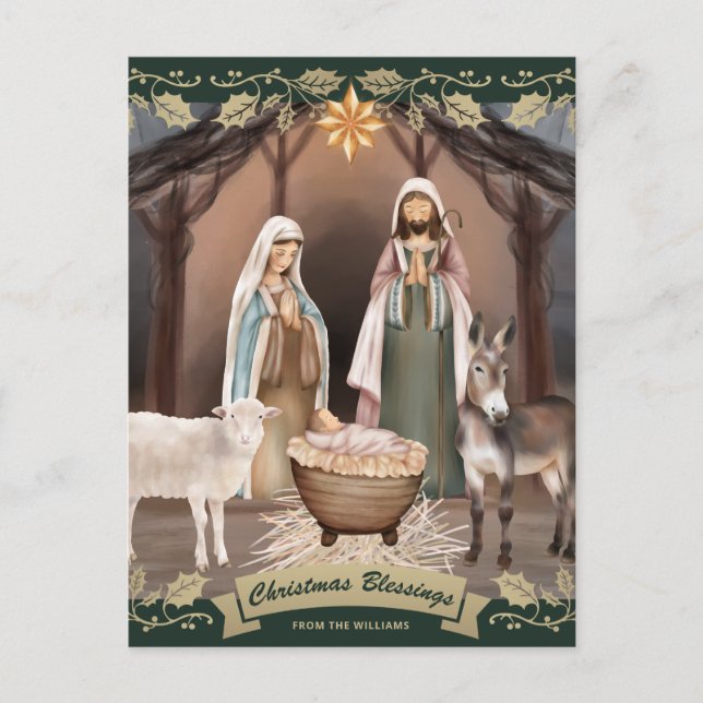 Green Nativity Scene Christian Christmas Holiday Postcard (Front)