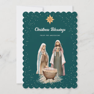 Green Nativity Scene Christmas Star Christian Holiday Card