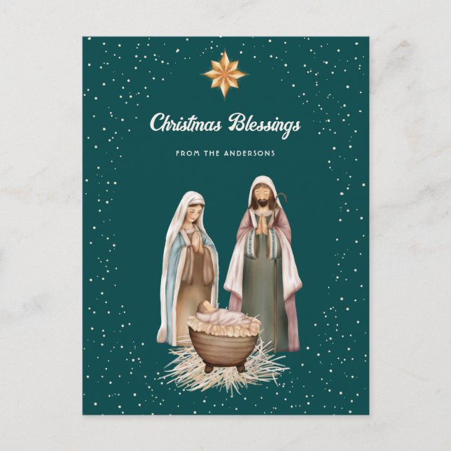 Green Nativity Scene Christmas Star Christian Holiday Postcard (Front)