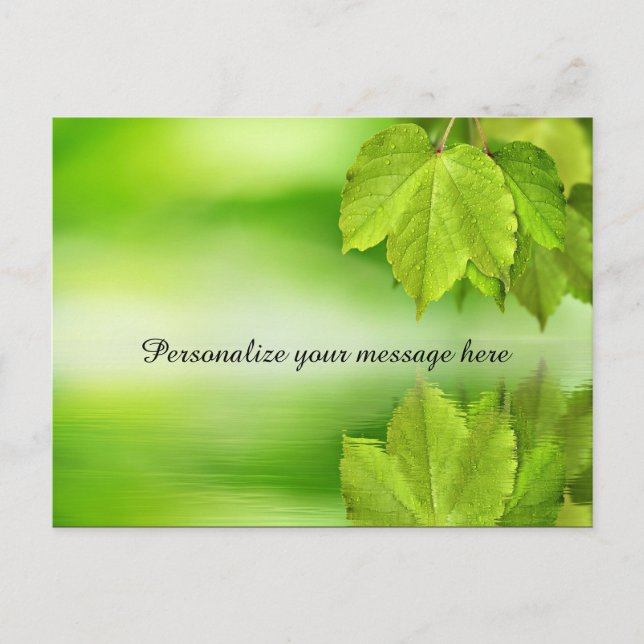 Green Nature Leaves Dew Personalised Announcement Postcard (Front)