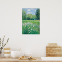Green nature white flower field painting poster