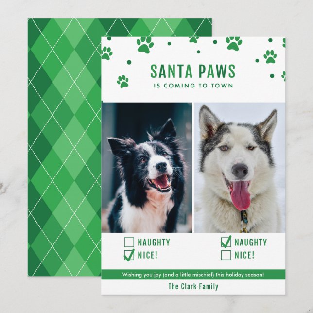 Green Naughty or Nice Two Dog Christmas Photo Card (Front/Back)
