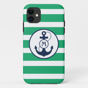 Green Nautical Anchor Monogram iPhone 11 Case