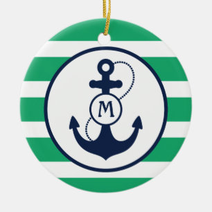 Green Nautical Anchor Monogram Ceramic Tree Decoration