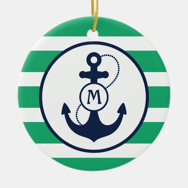 Green Nautical Anchor Monogram Ceramic Tree Decoration (Front)