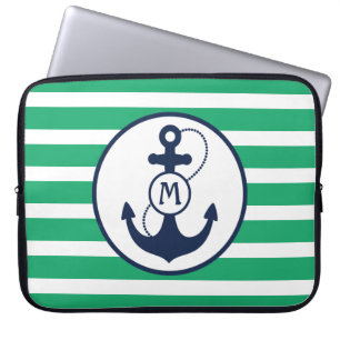 Green Nautical Anchor Monogram Laptop Sleeve