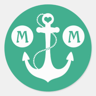 Green Nautical Monogram Classic Round Sticker